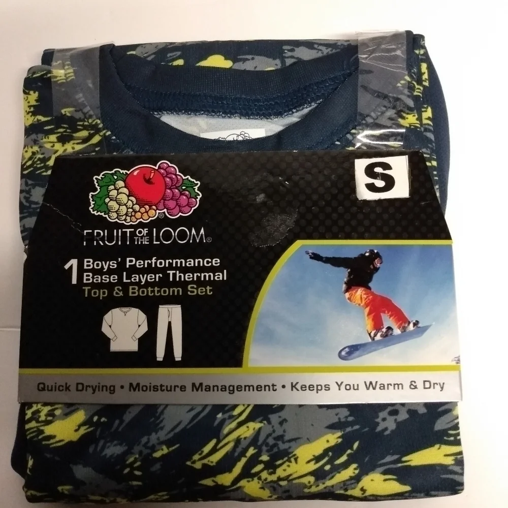 Boys Fruit of the Loom Thermal Set, sz 6/7, Navy pant, Navy,yellow print top,NEW